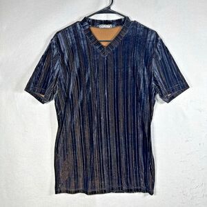 Krush Mens L Black Velvet Striped V-Neck Shirt VTG